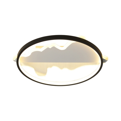 Black/White Circular Flush Mount Nordic LED Metal Flushmount Lighting in Warm/White Light with Mountain Design, 9.5