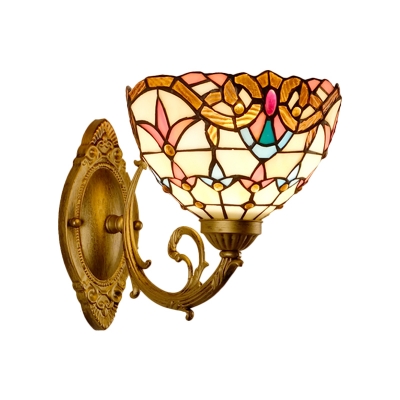 Bowl Shaped Wall Lamp Mediterranean Cut Glass 1-Light Gold Tulip Patterned Wall Light Fixture with Curvy Arm