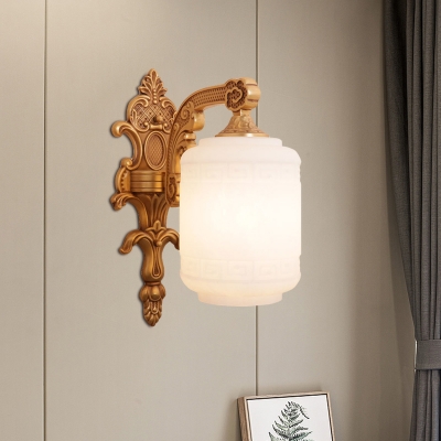 Brass Lantern Wall Lighting Ideas Rural Style Frosted Glass 1 Head Wall Mount Light Fixture for Living Room