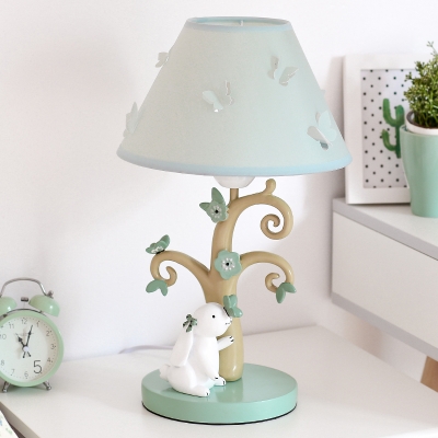 Cartoon 1-Light Nightstand Lamp Blue Rabbit Under The Tree Table Light with Tapered Fabric Shade