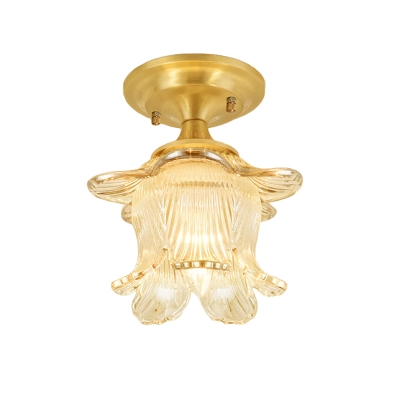 Clear Ribbed Glass Gold Semi Flush Light Flower 1 Head Traditional Close to Ceiling Lighting for Corridor
