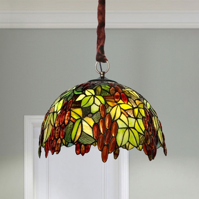 Cut Glass Domed Ceiling Chandelier Mediterranean 3-Light Green Finish Hanging Light Fixture with Leaf and Grapes Pattern