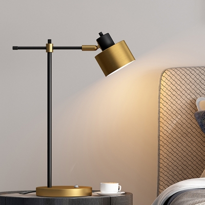 Cylinder Living Room Desk Light Metallic 1-Bulb Modern Night Table Lamp with Adjustable Arm in Brass