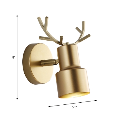 Cylinder Metallic Wall Lamp Nordic LED Gold Wall Mounted Lighting with Antler Design