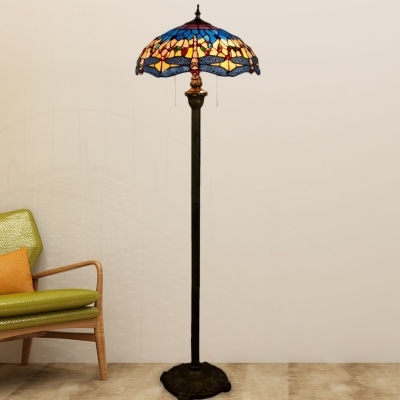 Dragonfly Cut Glass Reading Floor Lamp Tiffany 2 Heads Blue Pull Chain Standing Floor Light with Bowl Shade