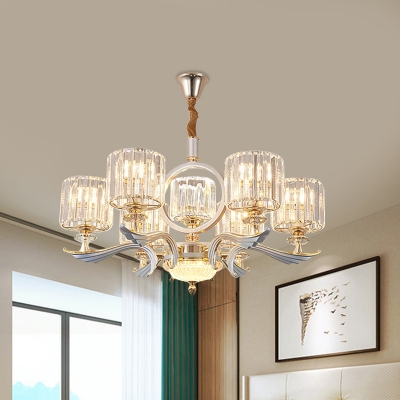 Drum Ceiling Hang Fixture Modernist Crystal Prisms 6 Lights Living Room Pendant Chandelier in Gold
