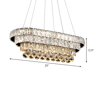 Elongated Layers LED Island Pendant Modern Opulent Crystal Dining Room Hanging Light in Chrome