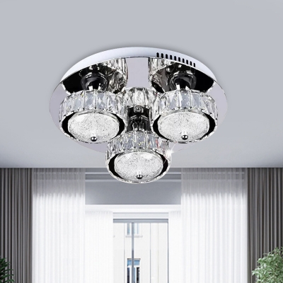 Faceted Crystal Drum Ceiling Light Modern Stainless-Steel LED Flush Mount Lamp in Warm/White Light for Bedroom