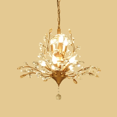 Gold Finish Leaves Suspension Light Rustic Beveled Crystal 8-Bulb 19.5
