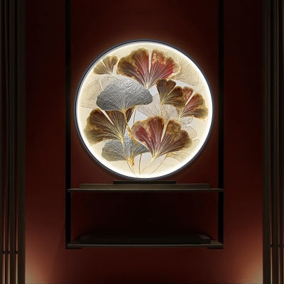 Gold Ginkgo Leaf Wall Sconce Lighting Oriental LED Fabric Wall Mount Mural Light with Circle Frame