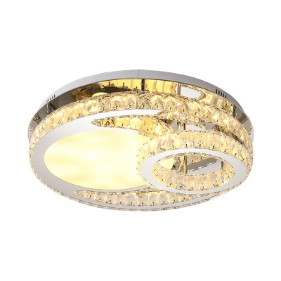 LED Bedroom Semi Mount Lighting Simple Chrome Ceiling Light with Circle Beveled Crystal Shade in Warm/White Light, 19.5
