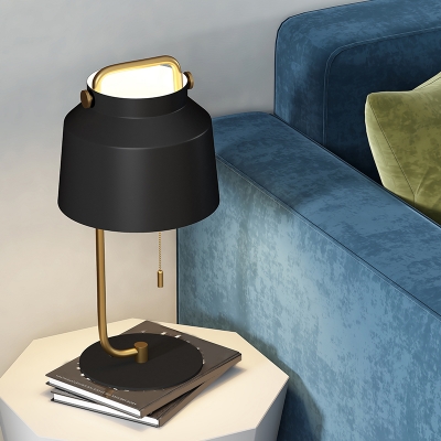 Metallic Drum Nightstand Light Minimalism 1-Head Black Finish Desk Lamp with Pull Chain