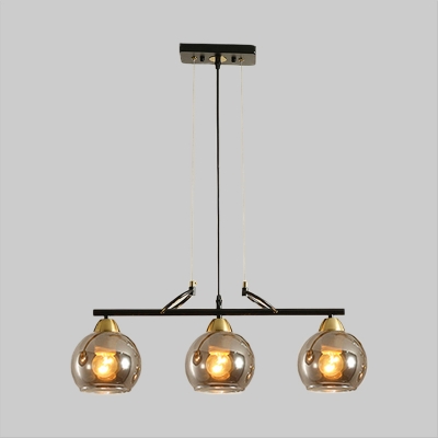 Modern 3 Bulbs Down Lighting Black Spherical Island Light Fixture with Clear/Smoke Grey Glass Shade