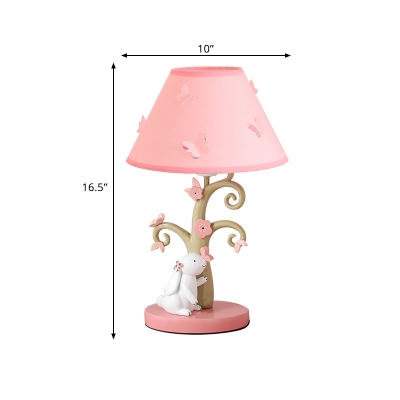 Pink Wide Flare Night Stand Light Kids 1 Bulb Fabric Table Lighting with Rabbit and Tree Base