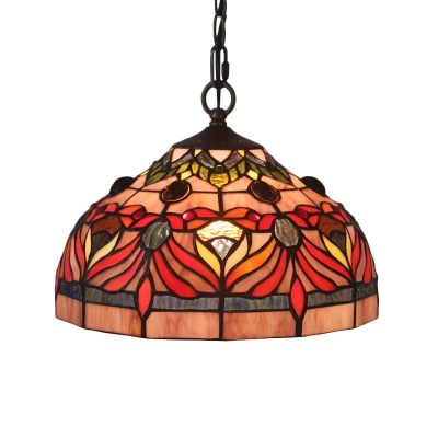 Red 1 Bulb Pendant Lamp Tiffany Stained Glass Bowl Shade Hanging Ceiling Light with Floral Pattern