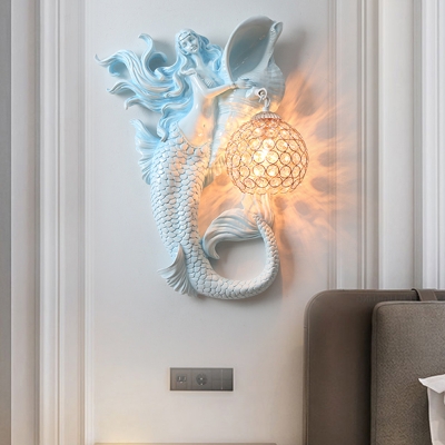 Resin Light Blue/Gold Wall Light Sconce Mermaid 1 Bulb Countryside Wall Lamp with Orb Crystal-Encrusted Shade, Right/Left