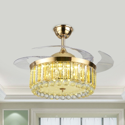 Simplicity Round Fan Lamp Beveled Crystal Living Room LED Semi Flush Ceiling Light in Gold with 3 Blades, 19