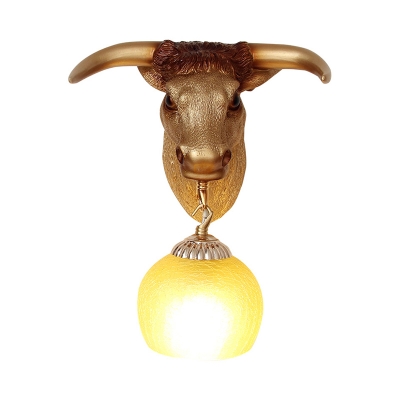 Spherical Frosted Glass Sconce Light Traditional 1 Light Corridor Wall Mounted Lamp in Gold with Resin Ox Head Backplate