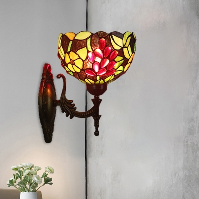 Stained Glass Brass Wall Lighting Bowl Shade 1 Bulb Tiffany Wall Sconce Light with Grape Pattern