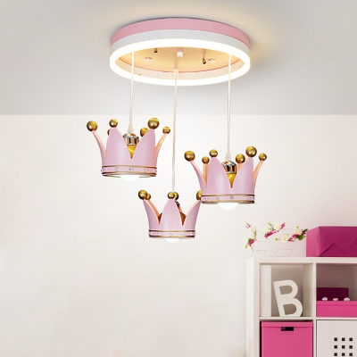 Suspended Crown Girl's Room Ceiling Light Resin 3 Heads Kids Style Flush Mount Lamp in Pink