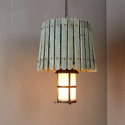 Wood Barrel Shaped Ceiling Pendant Warehouse 1 Bulb Restaurant Hanging Light Fixture in Black
