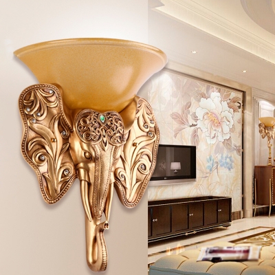 Yellow Glass Bowl Wall Sconce Lighting Rural 1-Light Living Room Wall Lighting Fixture with Elephant Deco in Gold