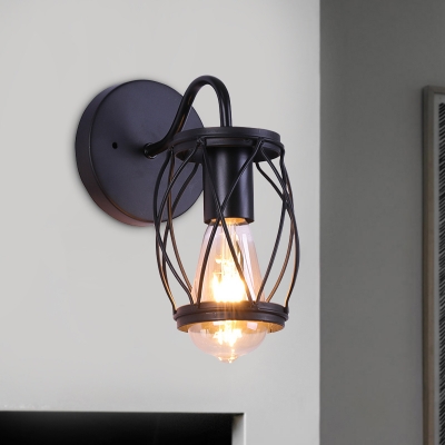 1 Bulb Wall Light Sconce Warehouse Dining Room Wall Lighting Ideas with Cylinder Cage Metal Shade in Black