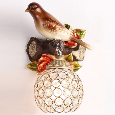 1-Head Sconce Countryside Resin Bird Wall Mount Light Fixture in Brown with Globe Crystal Shade, Right/Left