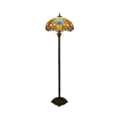 2-Head Dome Reading Floor Lamp Baroque Brass Cut Glass Pull Chain Floor Lighting with Petal Pattern
