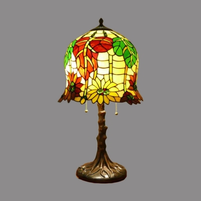 2 Lights Bedroom Table Lighting Victorian Yellow and Green Pull Chain Night Lamp with Bell Hand Cut Glass Shade