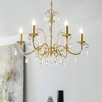 3/6 Light Curved Arm Chandelier Lighting Modernism Champagne Metal Pendulum Lamp with Crystal Droplet