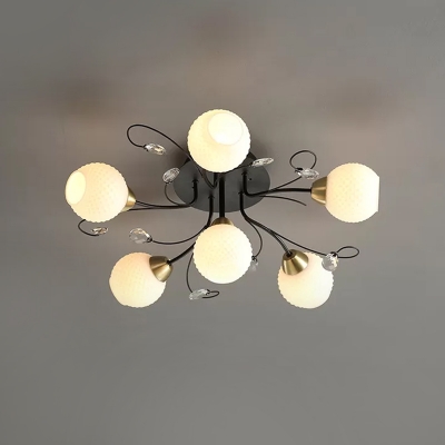 6 Bulbs Living Room Semi Flush Contemporary Black Ceiling Lamp with Ball Cream Prismatic Glass Shade