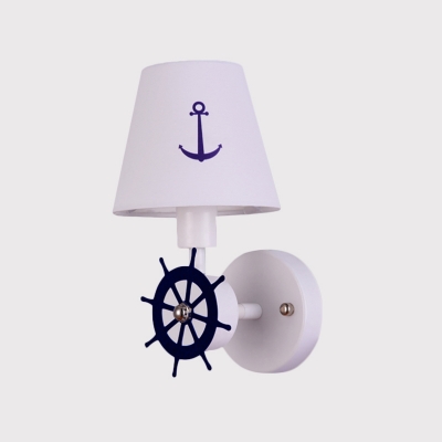 Barrel Fabric Wall Mount Lighting Simplicity 1 Bulb White Wall Light Fixture with Metal Rudder Deco
