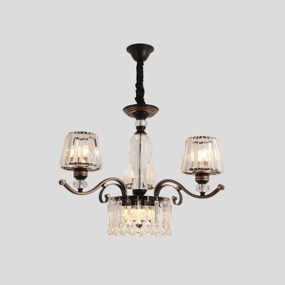 Black Tapered Pendant Chandelier Modernity 3/6 Heads Faceted Crystal Ceiling Hang Fixture with Curvy Arm
