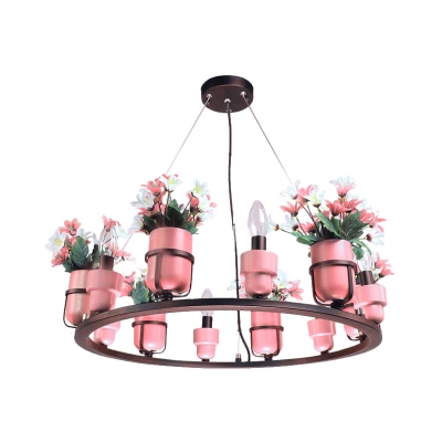 Blue/Pink Bare Bulb Suspension Light Retro Style Metallic 6 Heads Cafe Pendant Chandelier with Hoop Design
