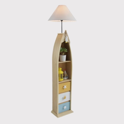 Boat Shape Cabinet Wood Floor Lamp Creative 1-Light Pink/Blue/Green Stand Up Lighting with Cone Fabric Shade