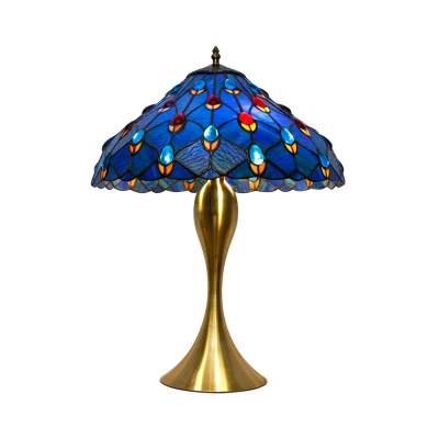 Brass 1 Head Table Lighting Tiffany Blue Cut Glass Tapered Night Light with Peacock Tail Pattern