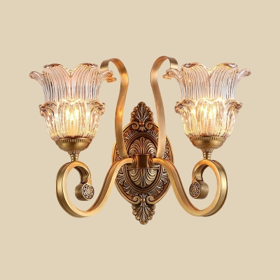 Brass Swooping Arm Wall Lamp Classic Metal 2-Light Living Room Wall Mount Light Fixture with Floral Crystal Glass Shade