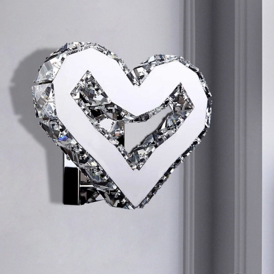 Clear Crystal Heart Wall Lamp Modern Style LED Wall Mounted Light in Stainless-Steel, Warm/White Light