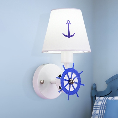 Conical Wall Lighting Ideas Minimalist Fabric 1-Head Kids Room Wall Mount Light with Rudder Deco in Blue