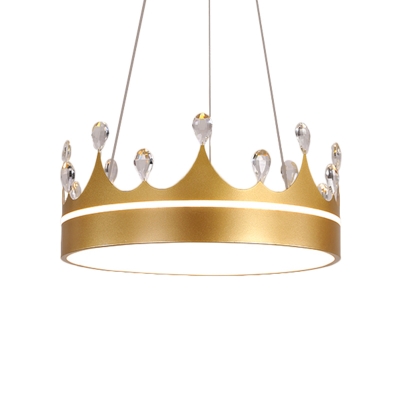 Crown Chandelier Lighting Fixture Modern Metal Pink/Blue/Gold LED Hanging Pendant Light with Crystal Accent for Bedroom