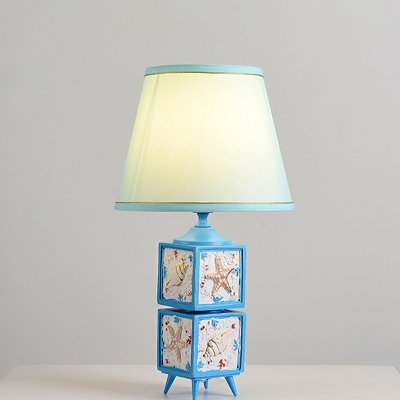 Cube Resin Table Lamp Nordic 1-Head Light/Sky Blue Reading Night Lighting with Barrel Fabric Shade
