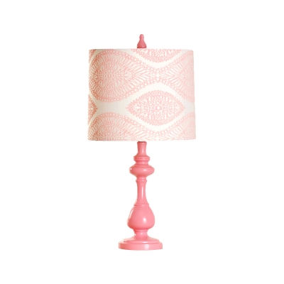 Cylinder Night Lighting Kids Fabric 1 Head Pink Finish Nightstand Light with Leaf Pattern