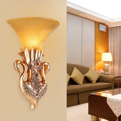 Flared Yellow Glass Wall Light Sconce Countryside 1-Head Living Room Wall Mount Lighting with Peacock Decor in Gold