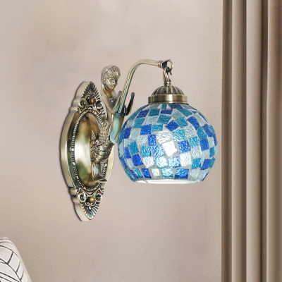 Globe Wall Lighting Fixture 1/2 Bulbs Blue Stained Glass Mediterranean Wall Light Sconce with Mermaid Arm