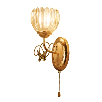 Gold Finish Floral Wall Sconce Light Traditional Clear Glass 1/2-Light Living Room Wall Mounted Lamp with Pull Chain