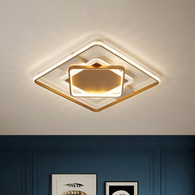 LED Bedroom Ceiling Flush Mount Minimalism Gold Flush Lamp with Squared Metallic Shade in Warm/White Light