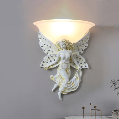 Milky Glass Bowl Wall Mount Lamp Traditional 1 Light Living Room Wall Lighting in White/Gold with Right/Left Resin Angel