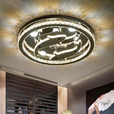 Minimal Ring Semi Flush Beveled Crystal LED Bedroom Ceiling Light Fixture in Chrome with Inner Dolphin Design