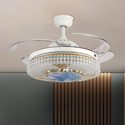 Modernity Circle Hanging Fan Lamp Crystal 4-Blade LED Bedroom Semi Flush Ceiling Fixture in White, 19
